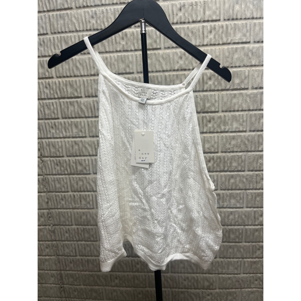 A New Day White Pointelle Knit Tank Top High Neck Spaghetti Strap XXL NWT